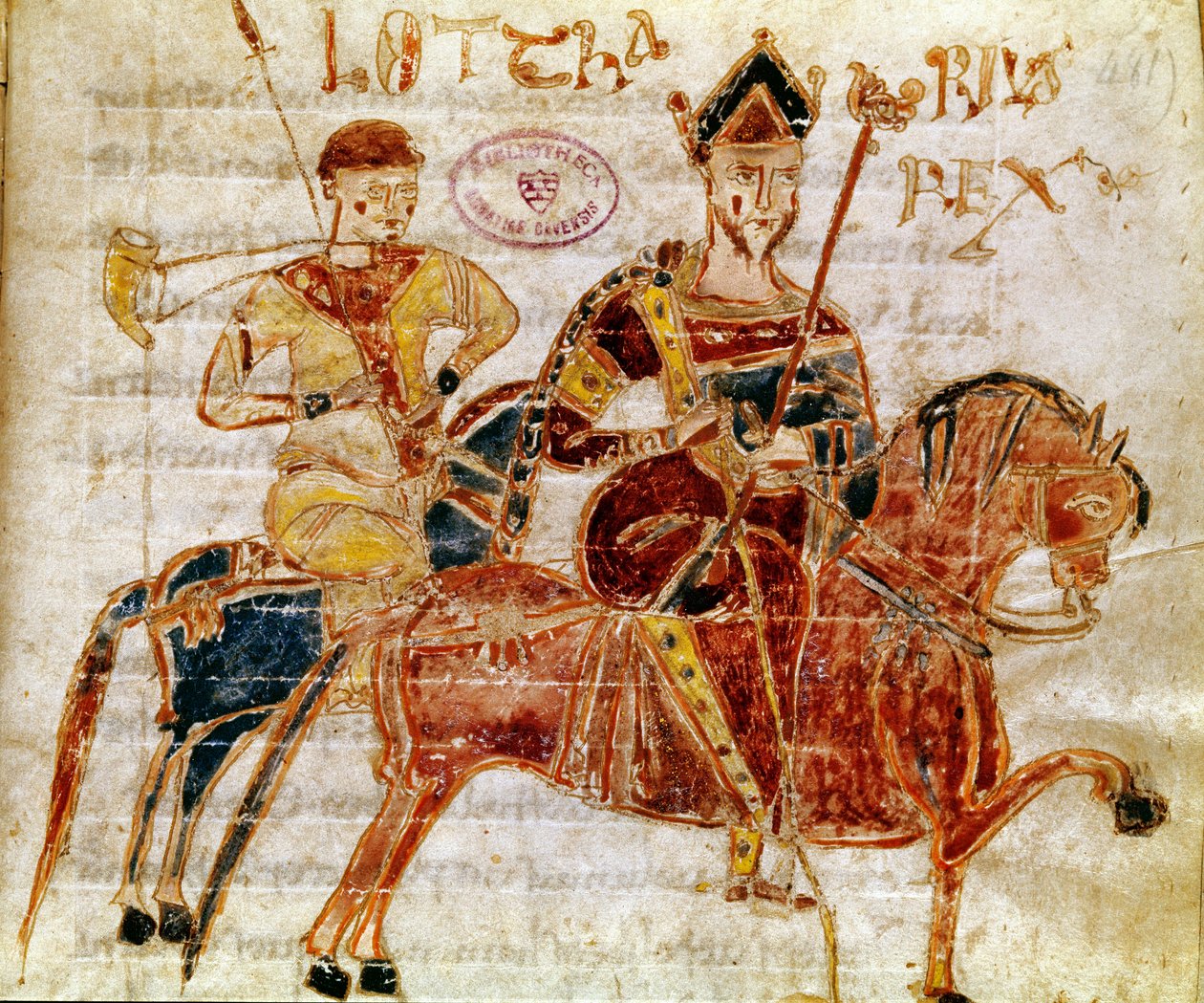 Kongen af francerne og derefter Lotharia I (9. århundrede) Miniature fra "Codex Legum Longobardorum" (eller Langobardorum), der beskriver lovene i det langobardiske rige etableret af kong Rothari af Italian School