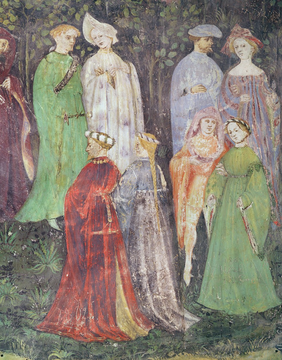 Juni måned, detalje af adelsmænd og kvinder gående, ca. 1400 (fresco) af Italian School