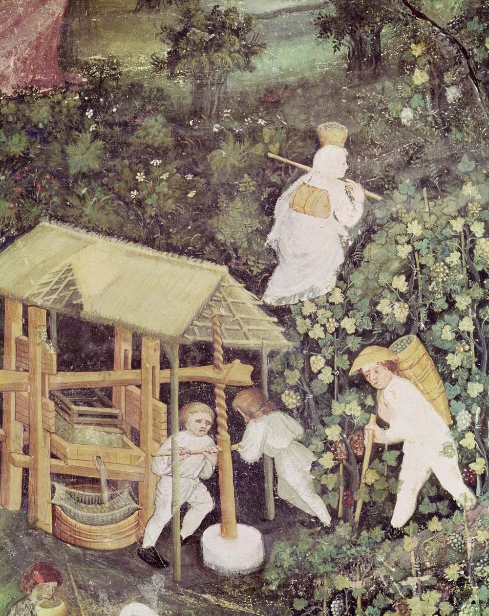 Oktober måned, detalje af drueplukkere, der presser druer, ca. 1400 (fresco) af Italian School