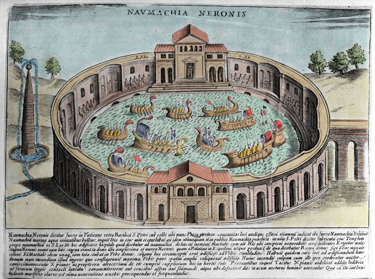 Naumachia af Neron, repræsentation af et søslag i Rom. Stik (1600-tallet). af Italian School