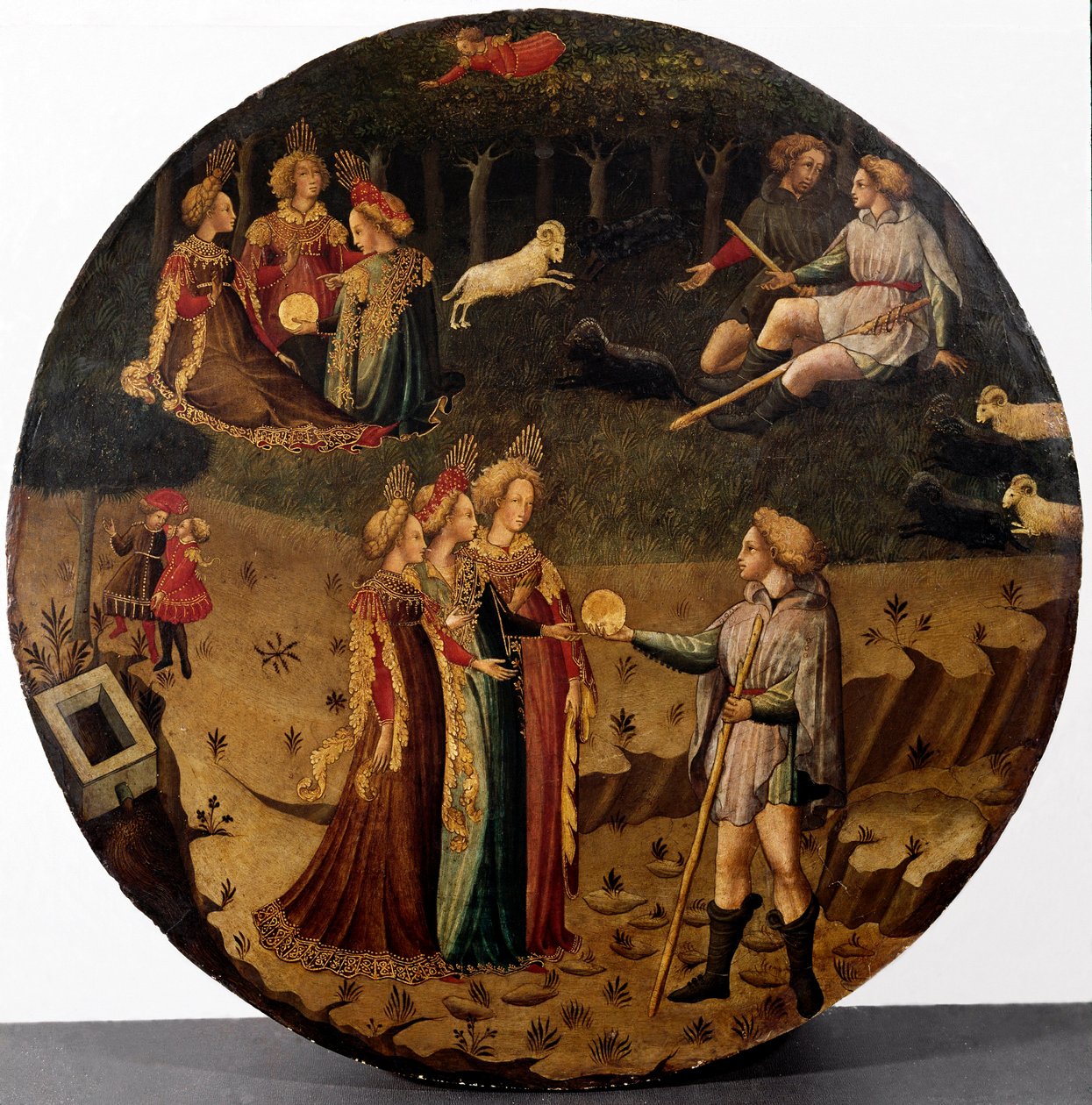 Paris -dommen. Hyrden Paris skal vælge, hvem han vil give det gyldne æble til at designe den smukkeste af de tre gudinder, Athena, Afrodite eller Hera. Maleri af den italienske skole i det 15. århundrede Firenze, Museo Nazionale del Bargello af Italian School