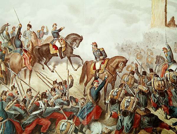 Piemonteserne og franskmændene ved slaget ved San Martino i 1859 (farvegravering) af Italian School