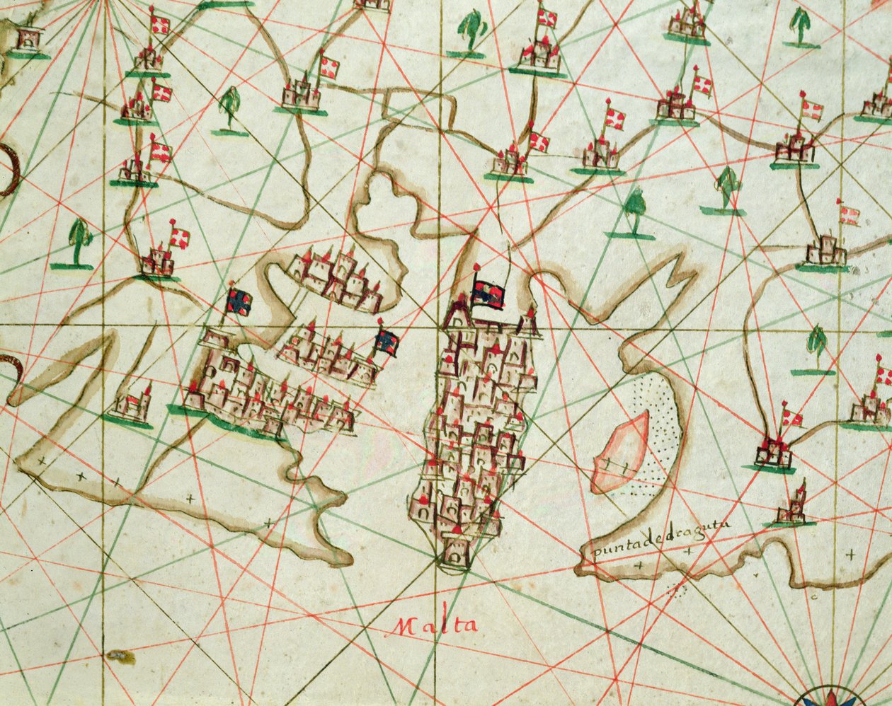 Havnen i La Valletta, fra et nautisk atlas, 1646 (blæk på vellum) (detalje fra 330944) af Italian School