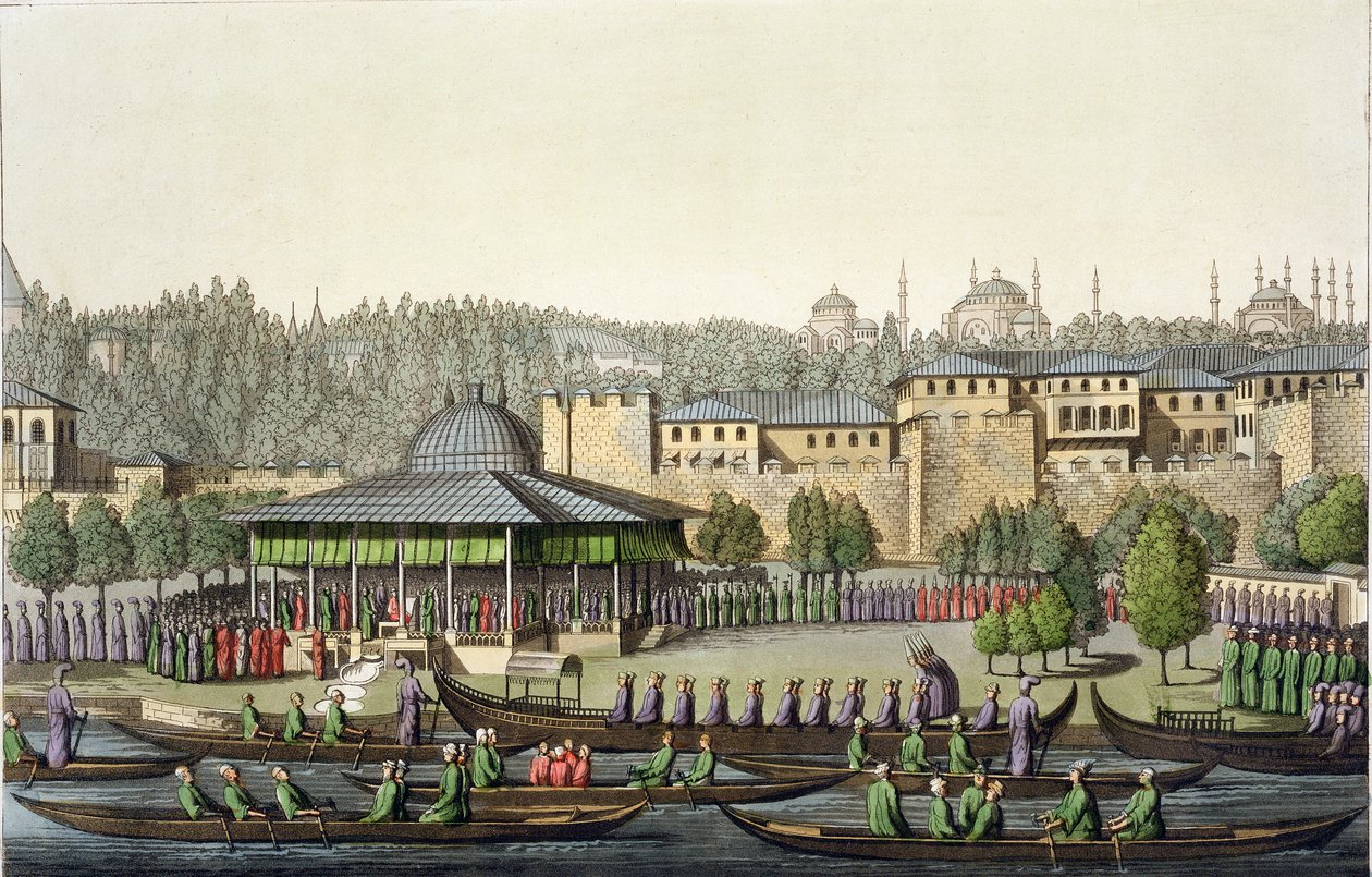 Præsentationen af admiralen til sultanen, plade 14 fra del III, bind I af Nationernes historie, indgraveret af Giacomo Bussi, ca. 1820 (akvatint) af Italian School