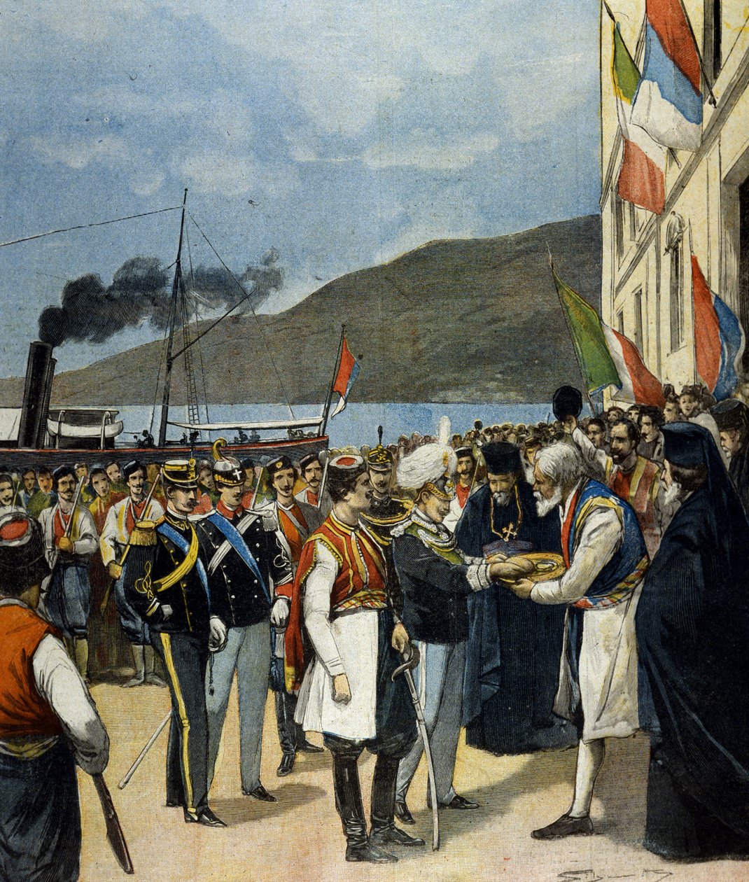 Prinsen af Napoli - dengang Victor Emmanuel III (Victor-Emmanuel) (Vittorio Emanuele) - modtager i Rijeka ifølge traditionen brød og salt fra familien Helene de Montenegro. af Italian School