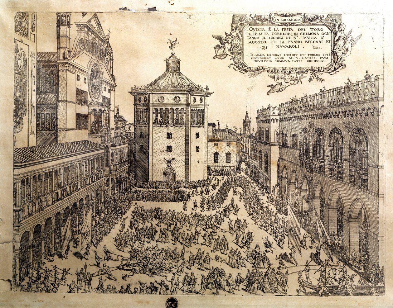 Taurus-festen på den store plads i Cremone (Cremona) i Italien. Gravering af Cremona fra det 16. århundrede, Museo Civico Italien af Italian School