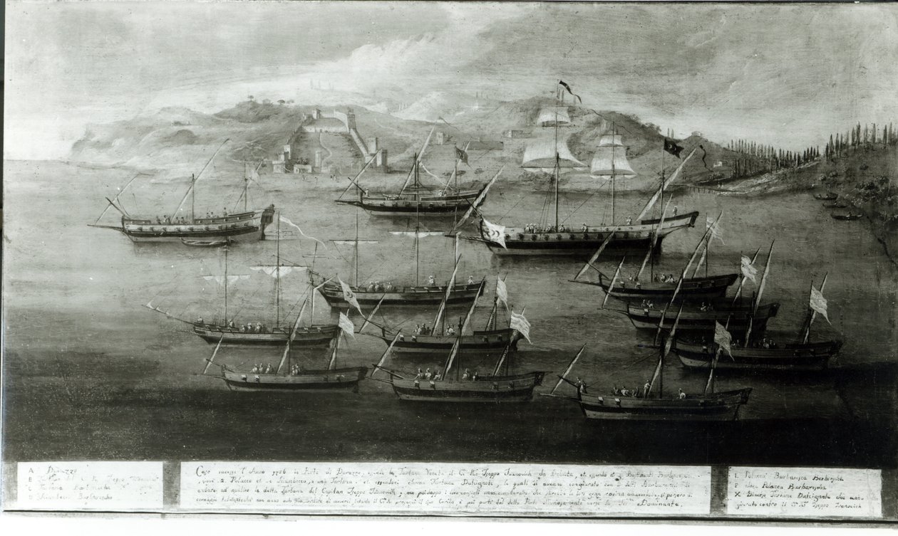 Den venetianske flåde ledet af kaptajn Ivanovich da Dabrota mod tyrkiske pirater ved Durazzo, 1756 af Italian School