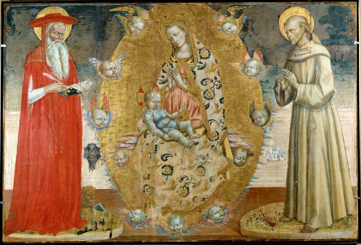 Jomfruen og barnet med Saint Francois og Saint Jerome Træmaleri af den italienske skole i det 14. århundrede. Musee du Peinture Palais, Avignon af Italian School