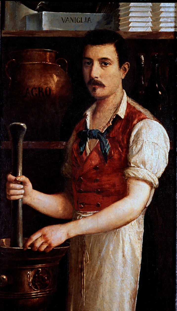 Den håndværksmæssige fremstilling af chokolade Kakaobønnerne males. Anonym maleri af et skilt. 1875-1900 Milano, museo di Milano af Italian School