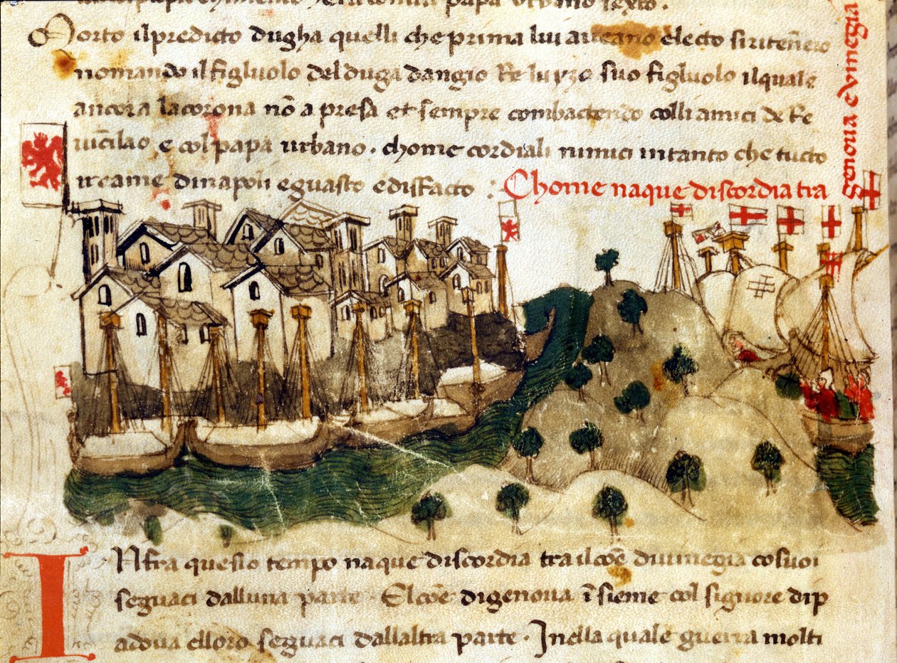 Begyndelsen på Chioggia-krigen mellem Genova og Venedig. Chronicles of Sercambi. Nationalarkivet, Lucca. af Italian School