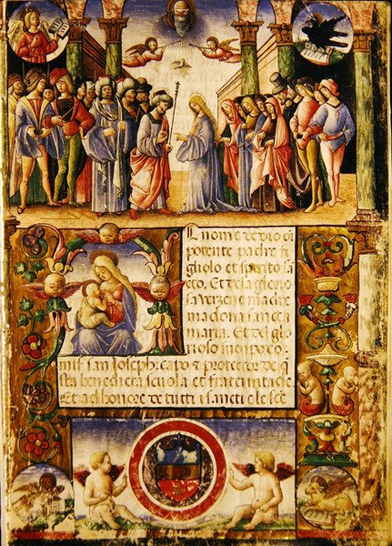 Jomfruens trolovelse, fra en Mariegola fra læglauget St. Joseph og St. Sylvester, 1315 (blæk på vellum) af Italian School