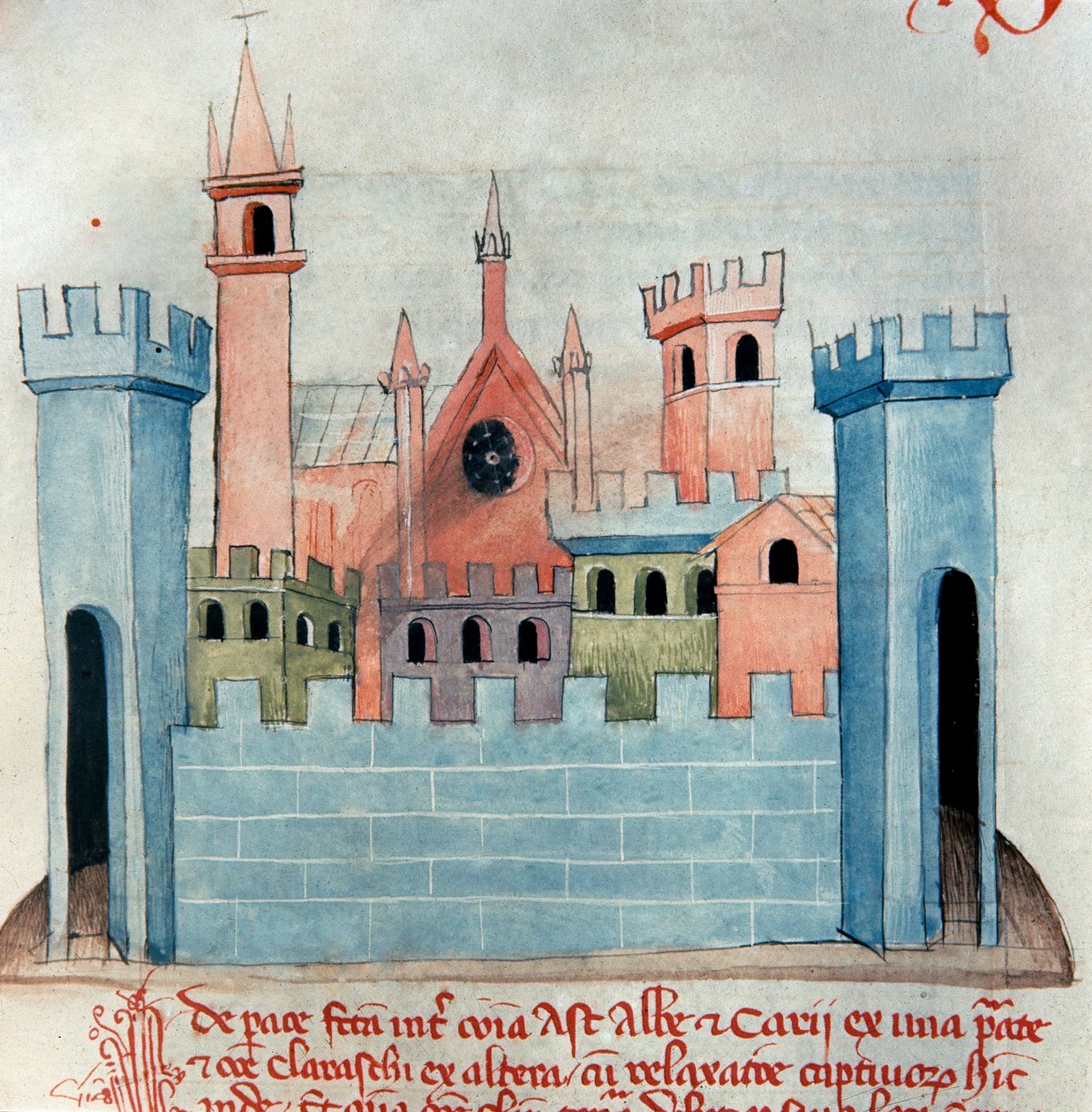 Byen Cherasco (Querasque) i provinsen Coni i Piemonte i Italien. Kirke og mur og fæstningstårn i middelalderbyen. Side af Codex Astensis eller Malabayla. 13. århundredes miniature. Asti, Archivio Storico Comunale af Italian School