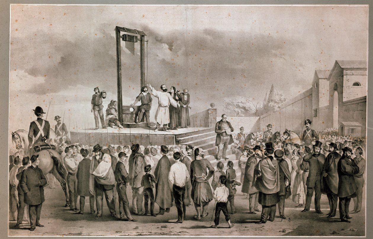 Henrettelsen den 13/03/1858 af Felice Orsini (1819 - 1858) og Pieri, der udførte angrebet den 14. januar 1858 mod Napoleon III på Place de la Roquette i Paris Litografi fra slutningen af det 19. århundrede. Milano Museo del Risorgimento af Italian School