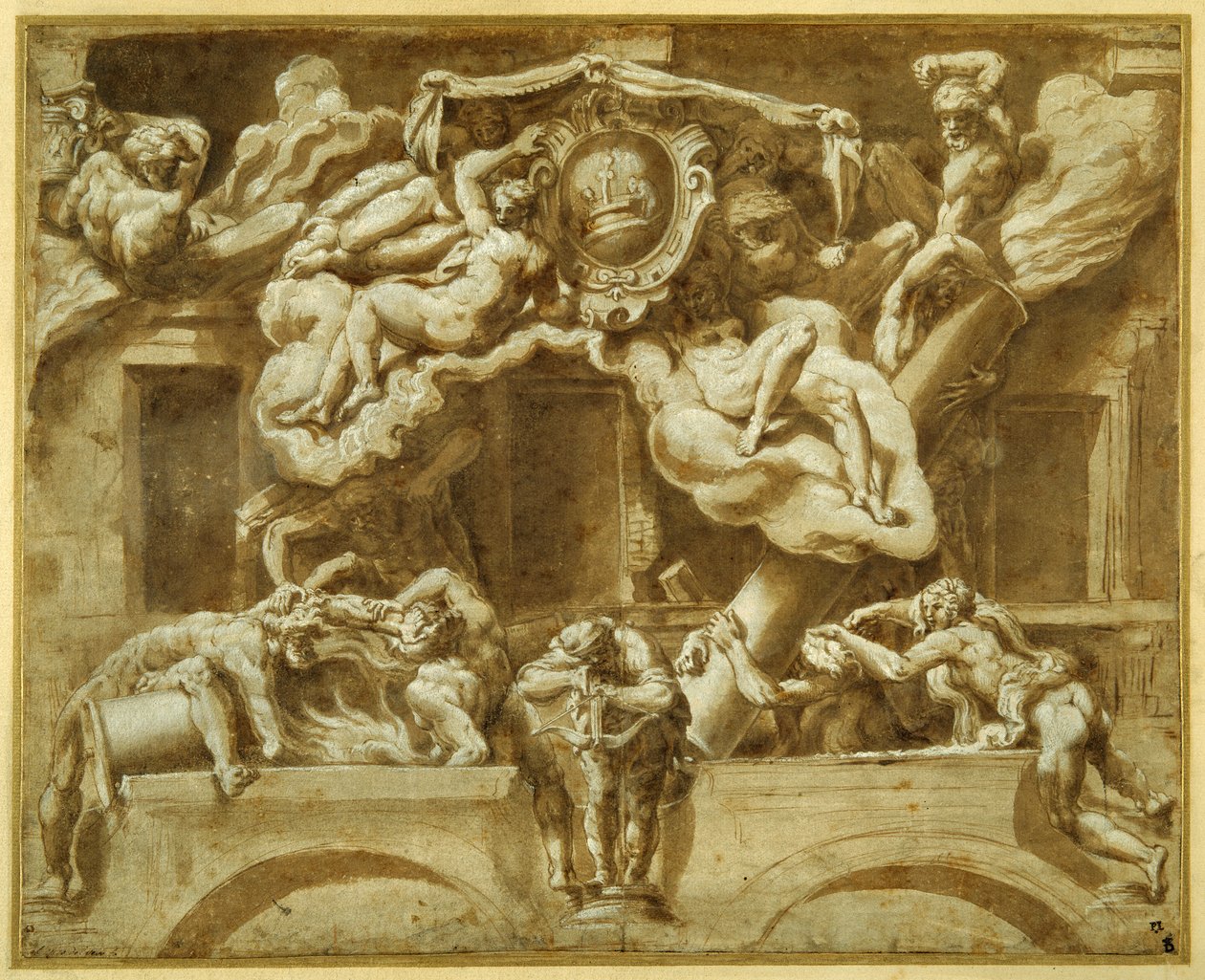 Facaden på Casa Orsi, efter Lelio Orsi (pen & brun blæk med brun vask og forhøjning) af Italian School