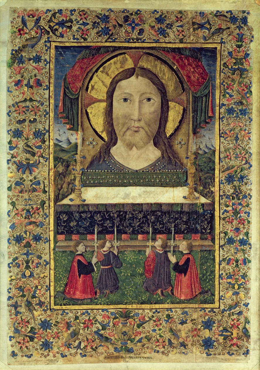 De fire vagter i Arciconfraternita del SS. Salvatore knæler foran Kristi ansigt (vellum) af Italian School