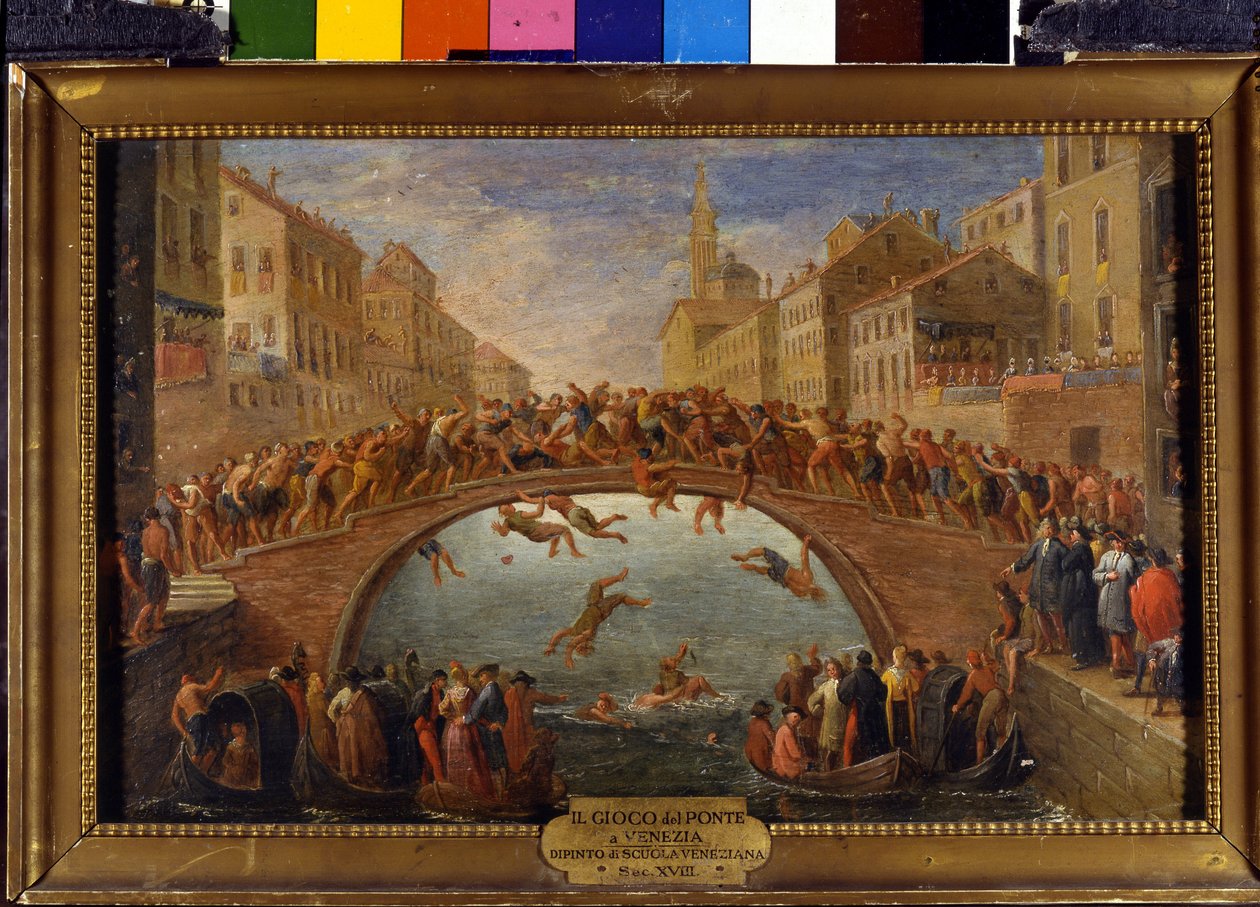 Spillet af broen har Venedig Kampen om stafnene på Ponte Santa Fosca. Maleri af den venetianske skole. 1700-tallet. af Italian School