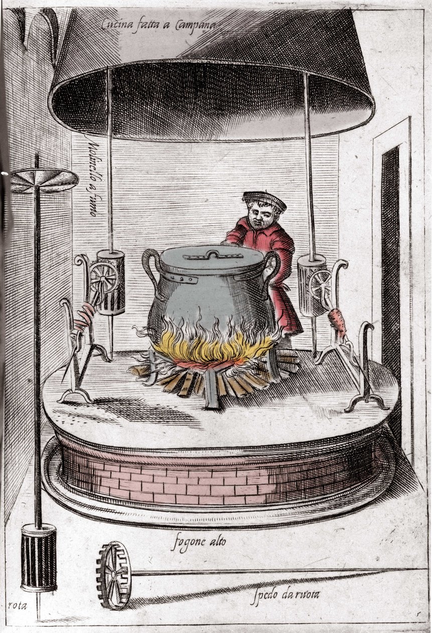 Køkkenet under en klokke. Indgravering fra "Opera", bog om gastronomi opdelt i 6 dele, af Bartolomeo Scappi, personlig kok af pave Pius V. Venedig af Italian School