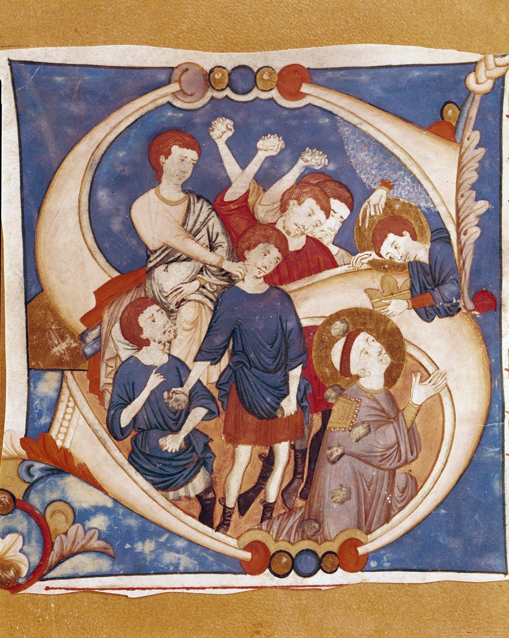 St. Stephens martyr (Stephane, Stefano) Steningen af den første kristne martyr i det 1. århundrede. Oplyst bogstav af et manuskript fra Umbriens skole. 14. århundrede. Citta di Castello, Biblioteca Civica af Italian School