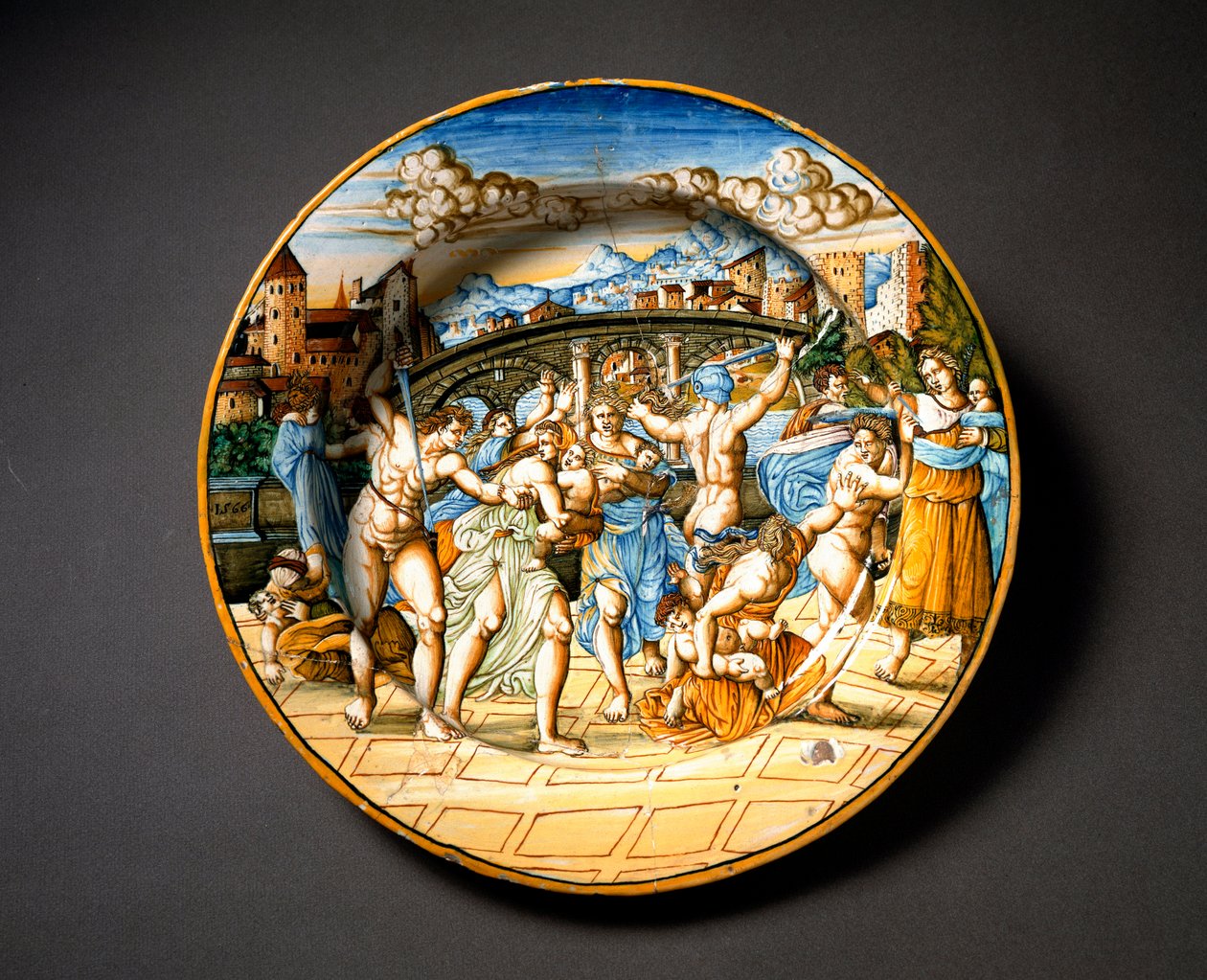 Massakren på de uskyldige. Keramisk plade produceret i Urbino i værkstedet Fontana, Italien. 1566 omkring Firenze, Museo Nazionale del Bargello af Italian School