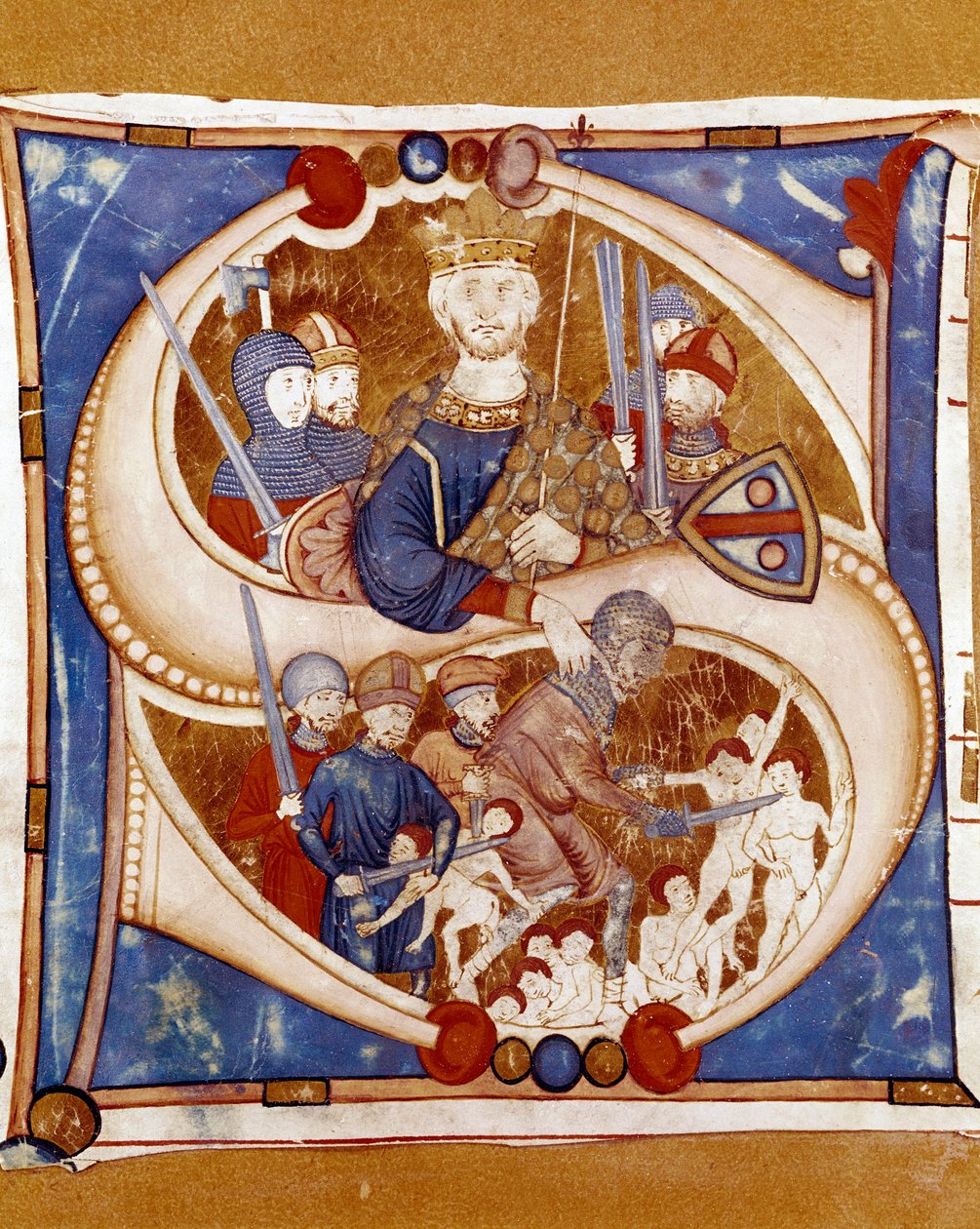 Massakren på den uskyldige kong Herode I den Store (73-4 f.Kr.) er en repræsentant, der beordrer massakren af de nye (nye) i Bethleem. Oplyst bogstav af et manuskript fra Umbriens skole. 14. århundrede. Citta di Castello, Biblioteca Civ af Italian School