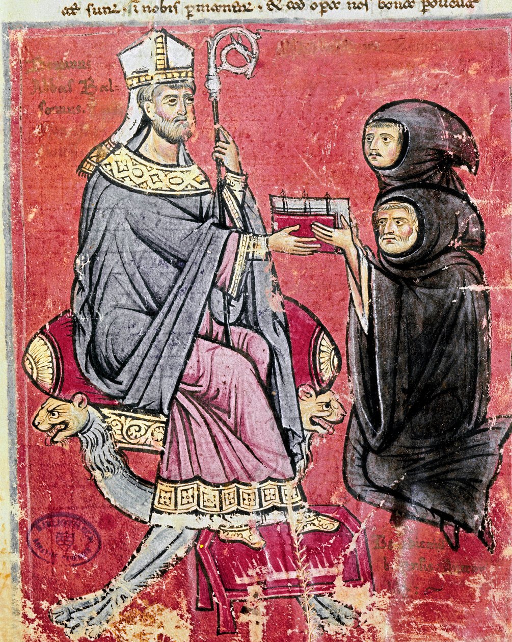 Munken Benedetto da Bari (der repræsenterer unge og gamle for at indikere, at det at skrive hans arbejde har beskæftiget hele hans liv) overdrog til abbeden Balsamo (1200-tallet), leder af benediktinerklostret Cava de Tirreni, hans kodeks De Septem Sigilli af Italian School