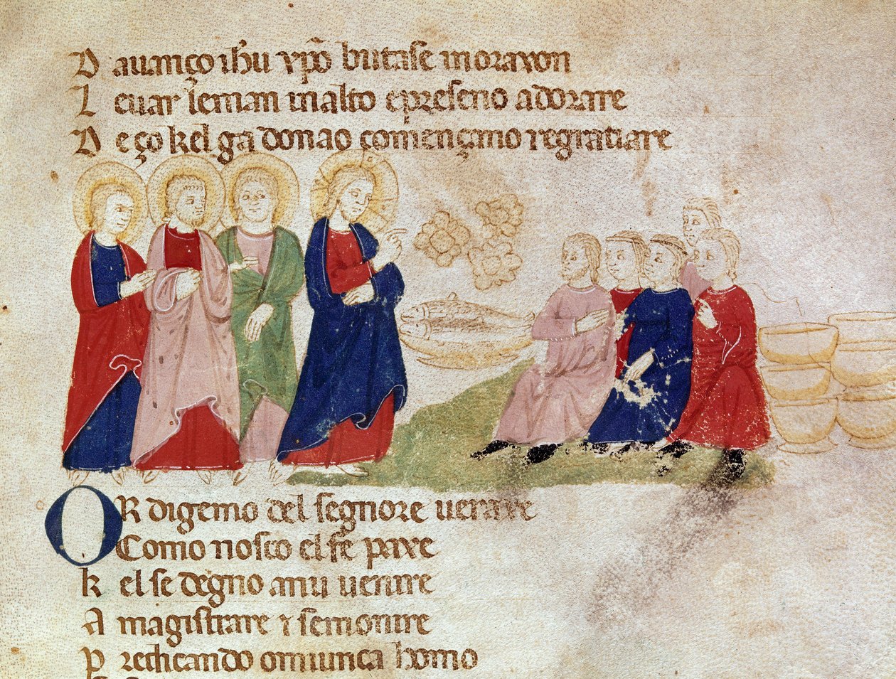 Formeringen af brød og fisk Miniature taget fra "" Del novo e del vedre testamento"" af Pietro da Barsegape (13. århundrede) 14. århundrede Milano, Biblioteca Braidense af Italian School
