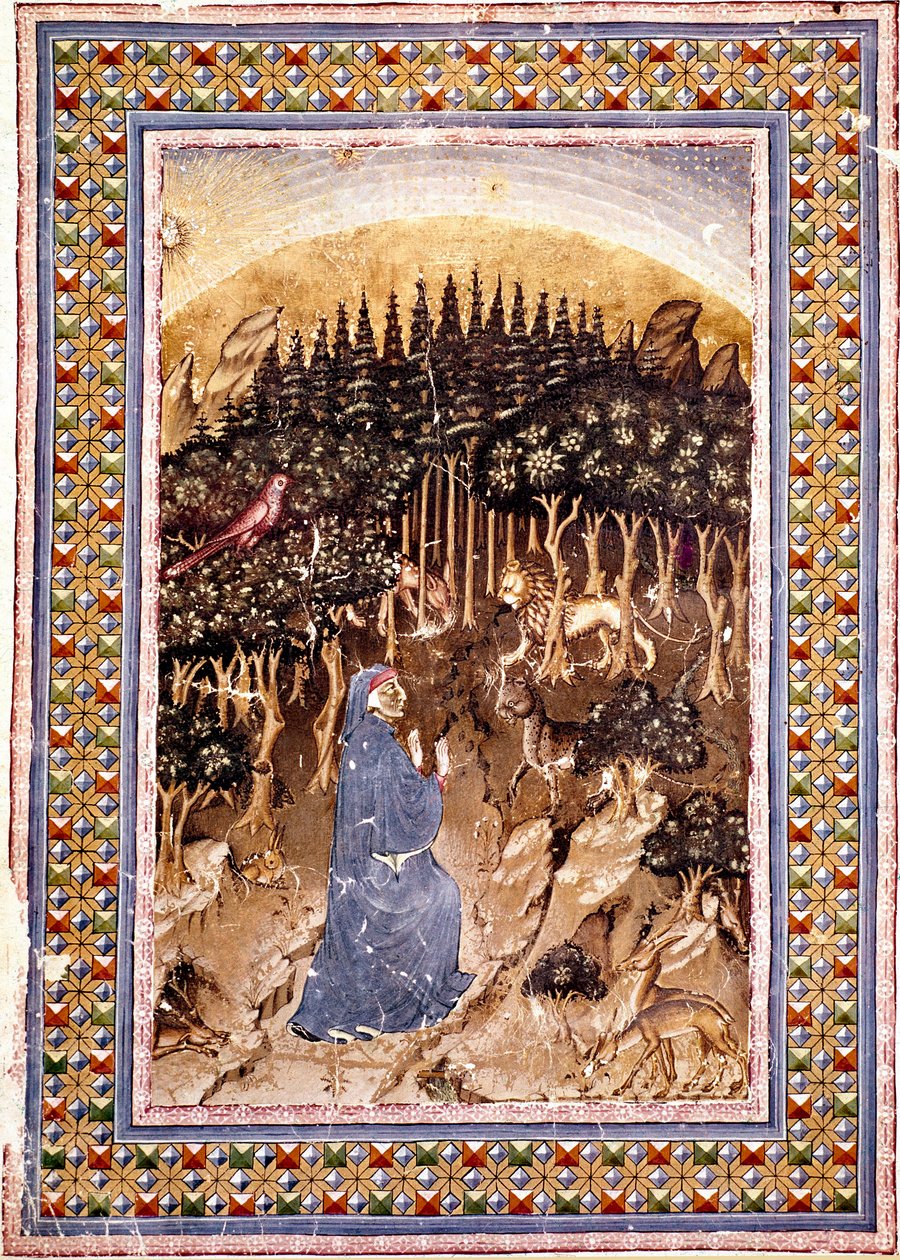 Digteren Dante befinder sig i en mørk skov. Den oplyste side af den første helvedesang stammer fra "Divina Commedia" (Divine Comedy) af Dante Alighieri (1265-1321). Manuskript Ms. Conv. Soppr. 204 af Italian School