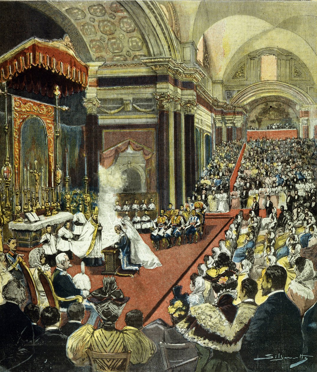 Det religiøse ægteskab mellem den, der bliver kong Victor Emmanuel III (Victor-Emmanuel) (Vittorio Emanuele) med prinsesse Helene af Montenegro i Santa Maria degli Angeli-kirken i Rom i 1896. af Italian School