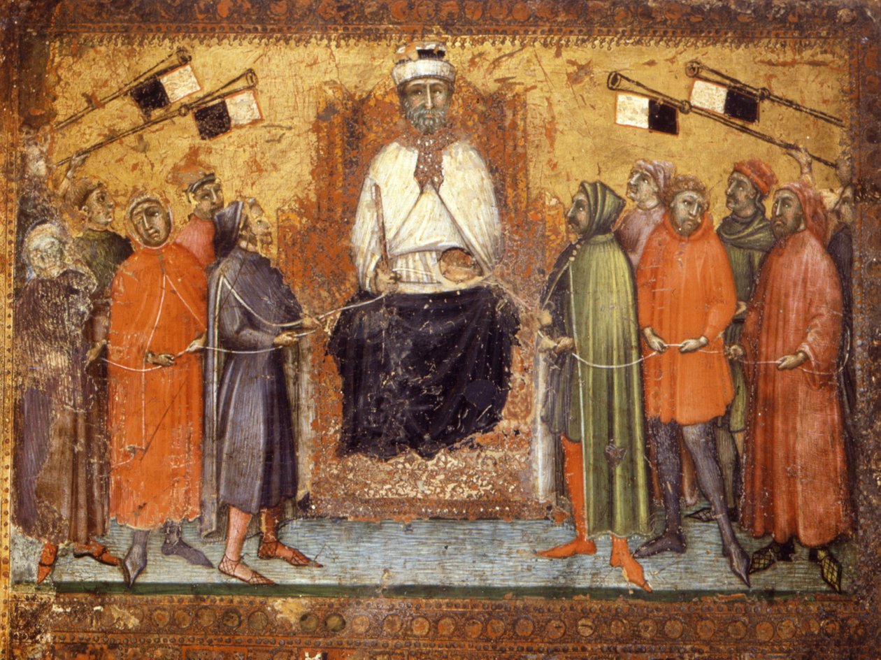Den genoprettede regering holder borgerne i en tøjle. Panel på træ fra 1385. Rigsarkiv, Siena. af Italian School