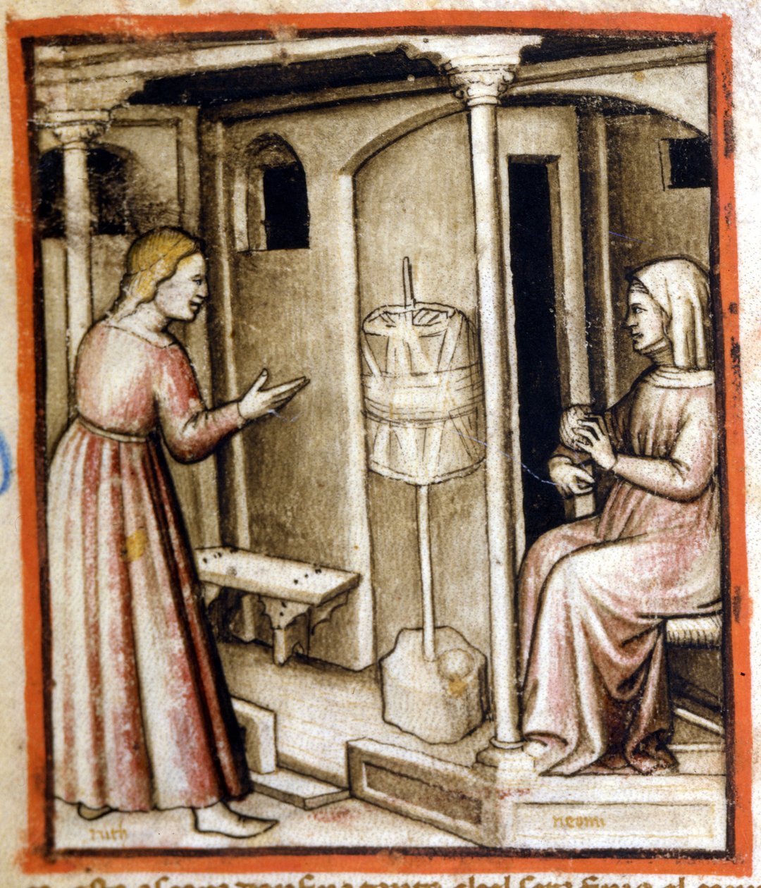 Spindingen af uld i det 14. århundrede. Miniature fra codex 212 (eller padovano codice eller Bible of Padua) 1390-1400 Rovigo, Accademia dei Concordi af Italian School