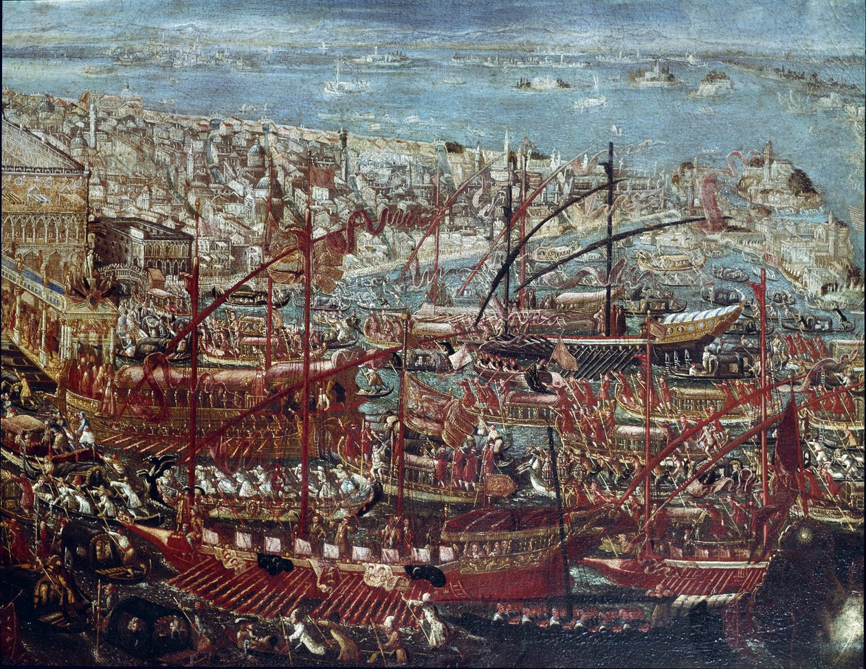Den venetianske flådes triumferende tilbagevenden til arsenalet efter kampagnen ledet af Doge Francesco Morosini mod tyrkerne i 1659 Maleri af den venetianske skole - 1600-tallet - Venedig, Correr Museum af Italian School