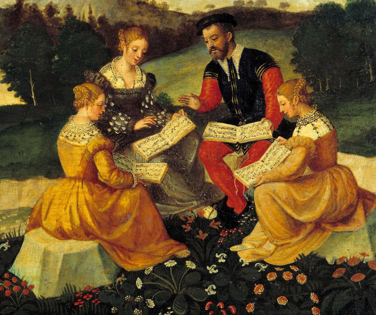 Vokalkoncerten Painting of the Italian School. 16. århundrede. Bourges, Hotel Lallemant - Den Bukoliske Koncert. Maleri af den italienske skole. 16. århundrede. Hotel Lallemant, Bourges, Frankrig af Italian School