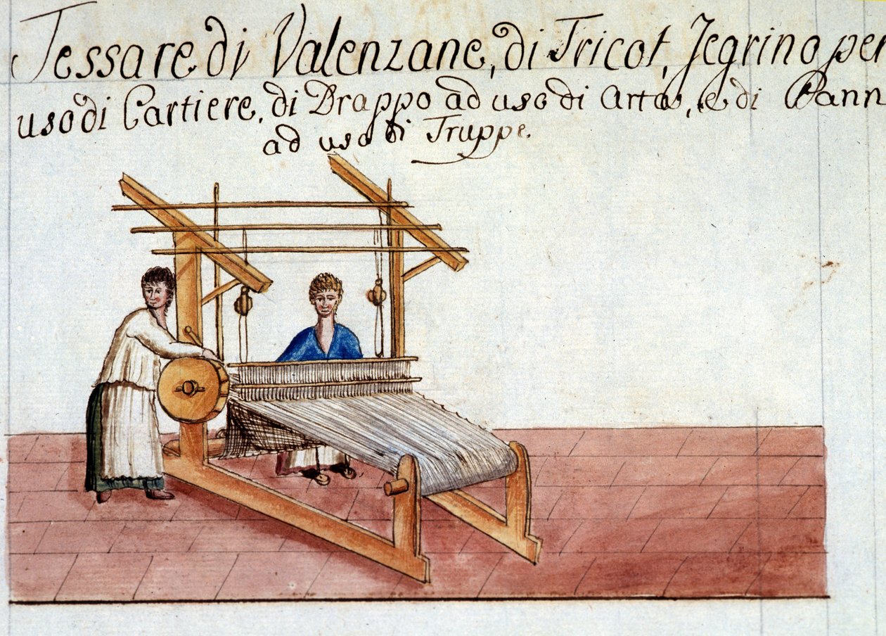 Vævning af uld. 1807 Milanos statsarkiv af Italian School