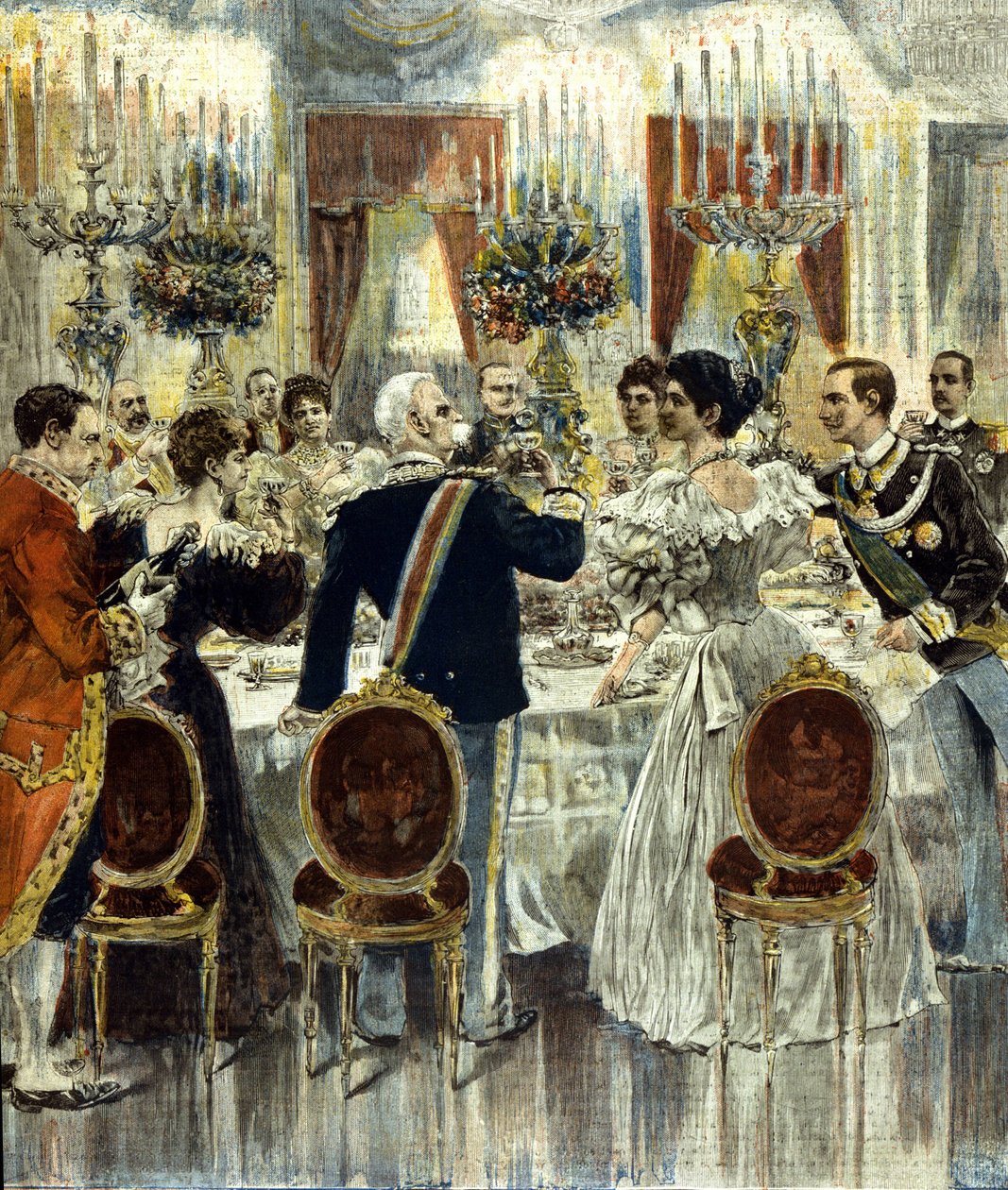 Bryllupsbanketten for brudene Victor Emmanuel III (Victor-Emmanuel) (Vittorio Emanuele) og Helene af Montenegro afholdes på Quirinale Palace, Rom. 1896. af Italian School