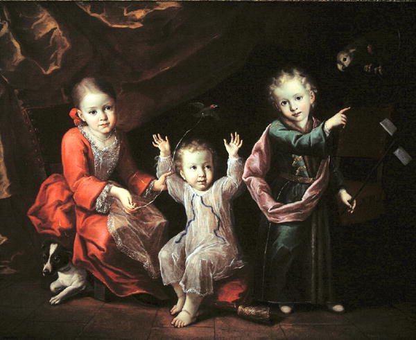 Tre børn i et indre omgivet af deres kæledyr, ca. 1680 (olie på lærred) af Italian School
