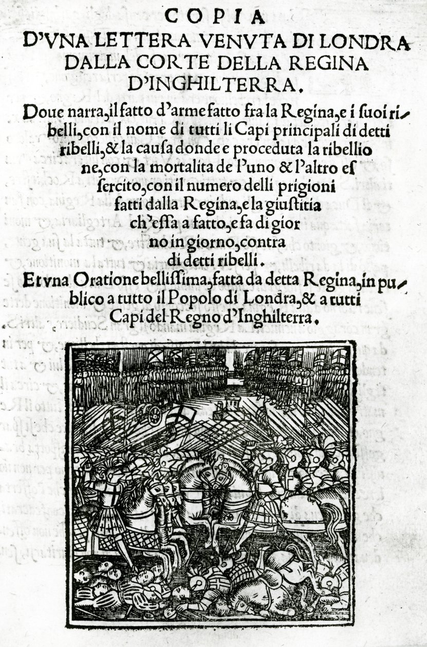 Titelside til en kopi af et brev sendt fra dronningens hof (træsnit og bogtryk) af Italian School