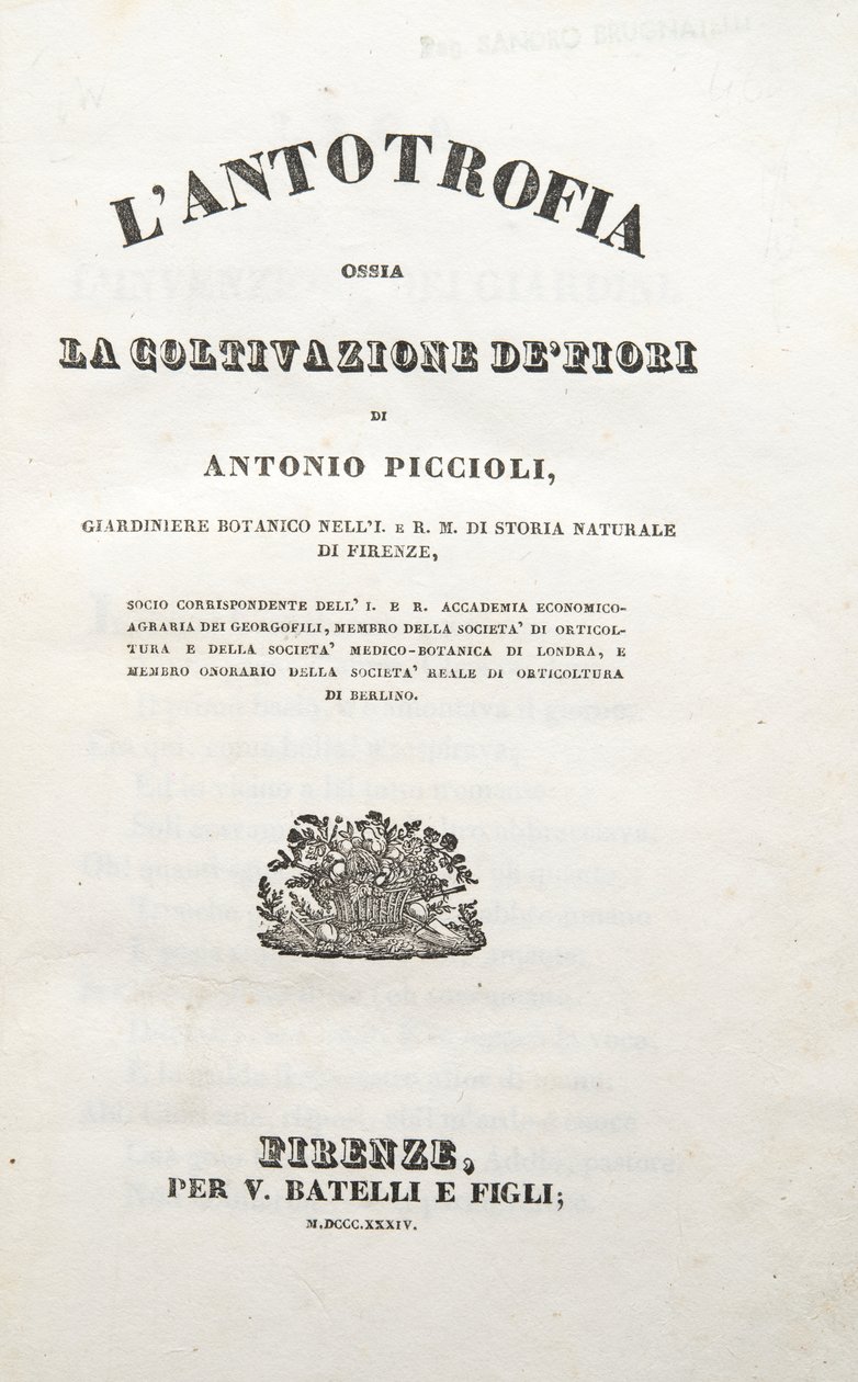 Titelblad, fra Antotrofien eller dyrkningen af ​​blomster af Antonio Piccioli, pub. 1834 (gravering) af Italian School