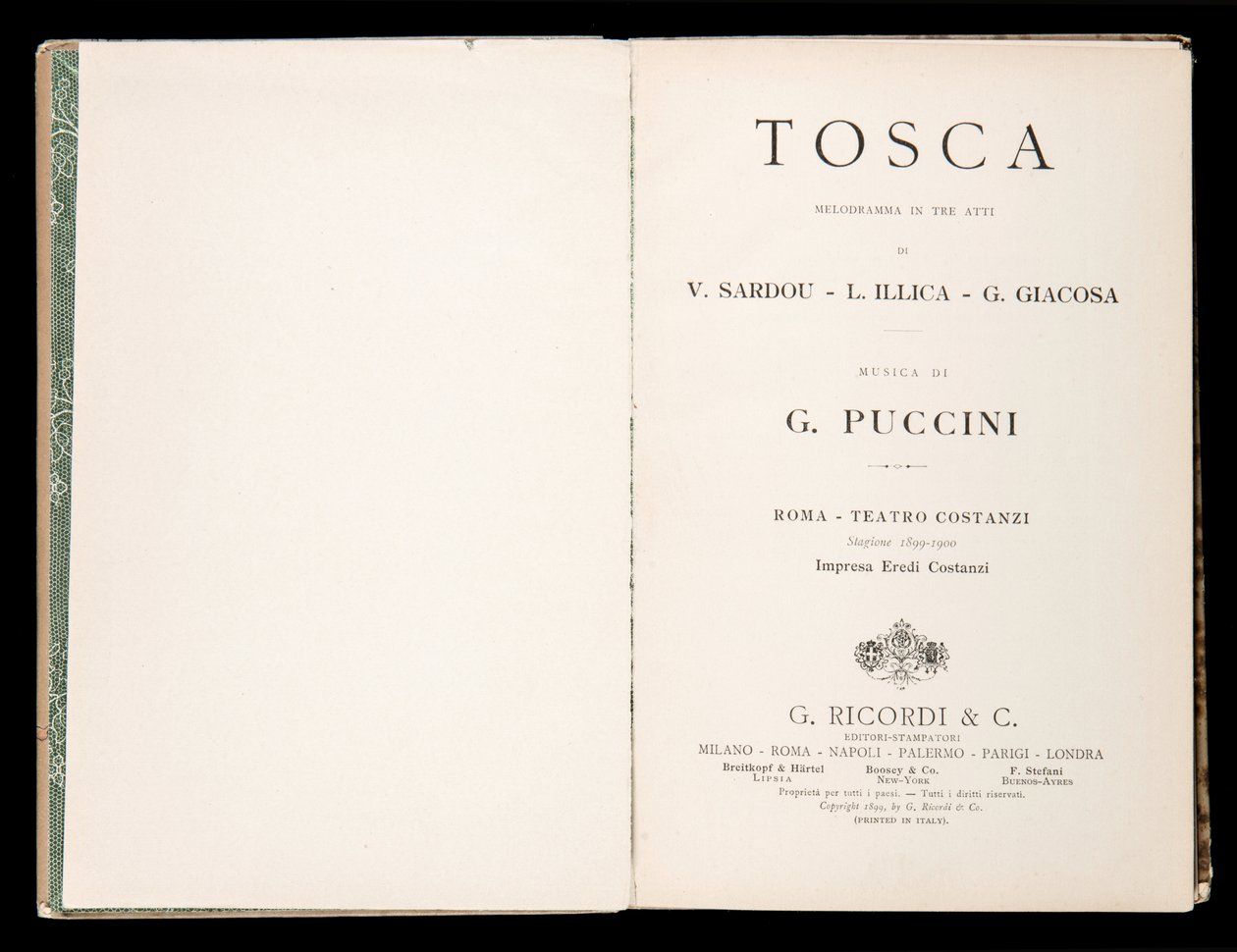 Titelside, Libretto della Tosca, af Giacomo Puccini, Ricordi Edition, Italien af Italian School