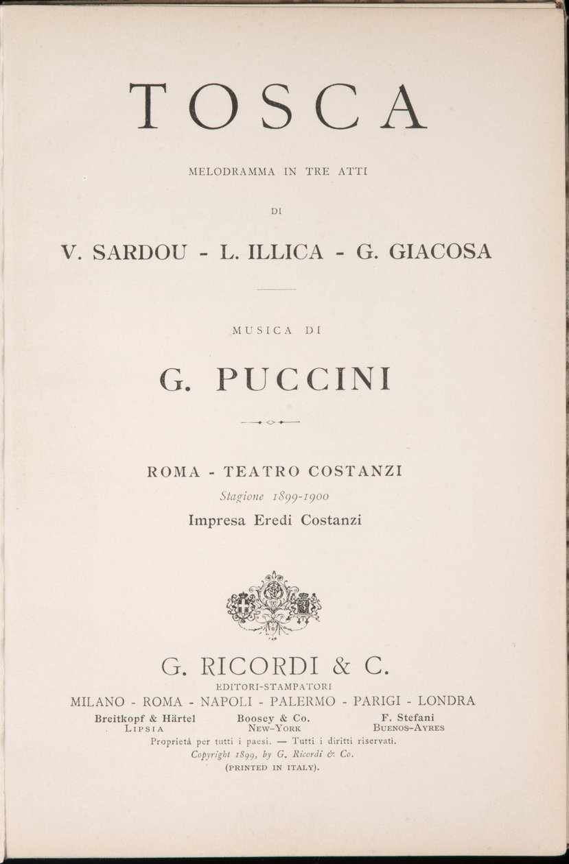Titelside, Libretto della Tosca, af Giacomo Puccini, Ricordi Edition, Italien af Italian School