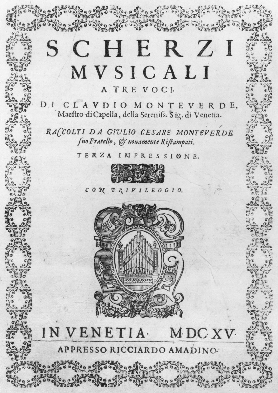 Titelside til Scherzi Musicali af Claudio Monteverdi (1567-1643) 1615 af Italian School