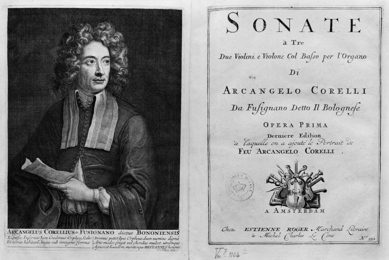 Titelblad for Sonate a Tre med et portræt af Arcangelo Corelli (1653-1713) af Italian School