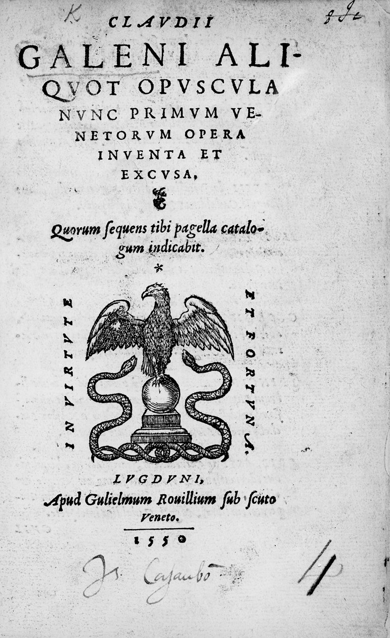 Titelblad til Claudius Galen: En samling af værker af Claudius Galen, udgivet i 1550 (tryk) af Italian School