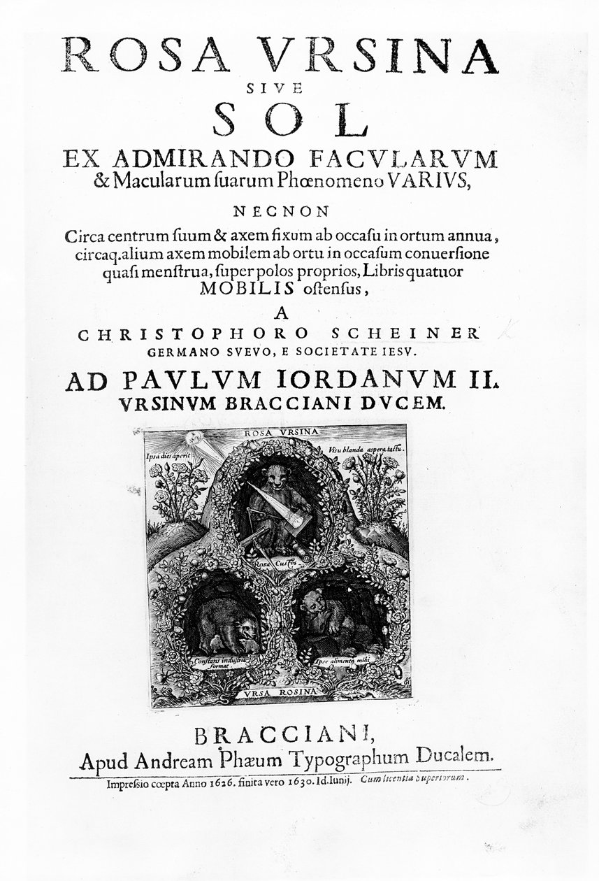 Titelblad til Rosa Ursina sive Sol af Christoph Scheiner, udgivet i 1630 (tryk) af Italian School
