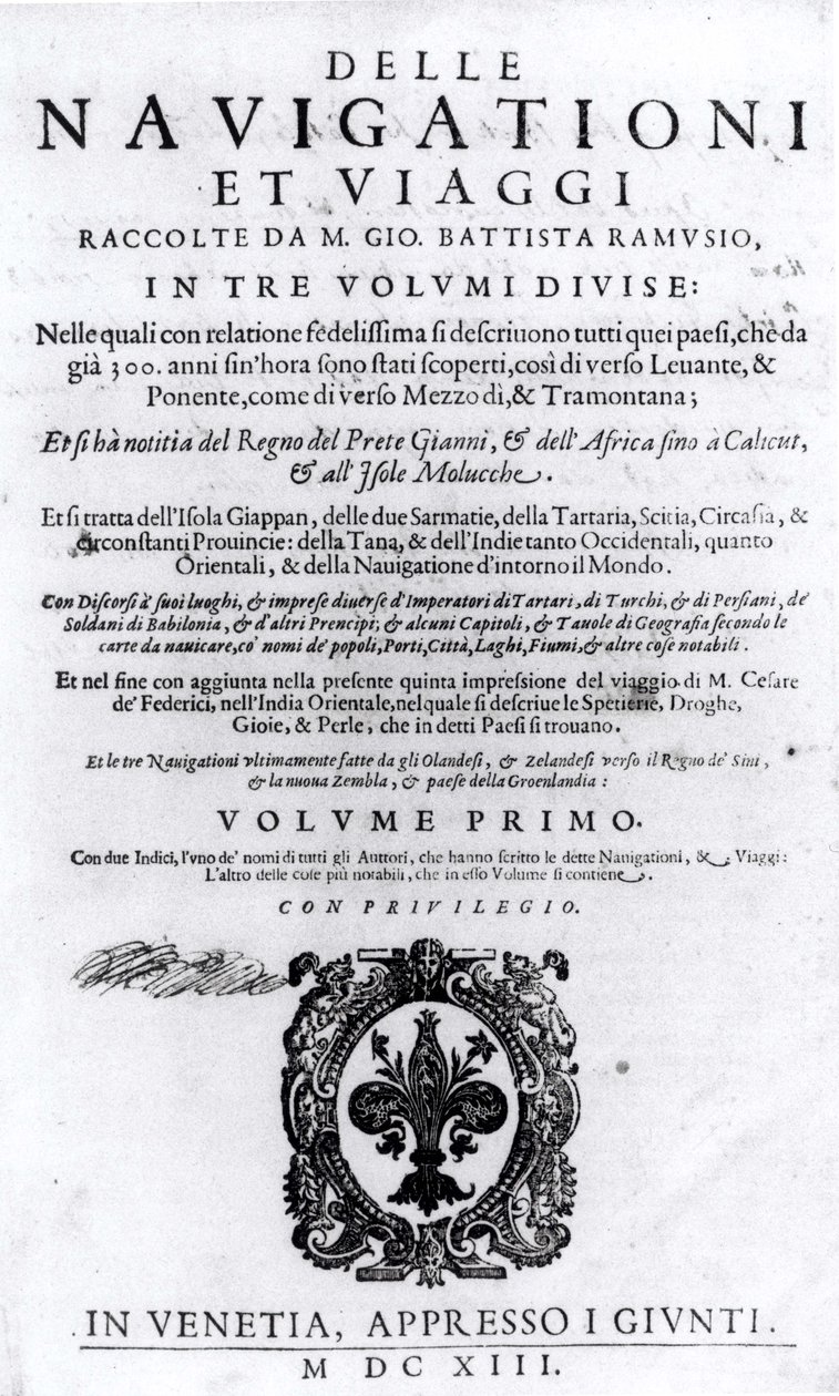 Titelblad til bind I af Delle Navigationi et Viaggi af Giovanni Ramusio (1485-1557) udgivet 1613 af Italian School