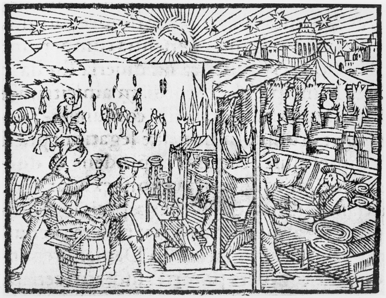 Handel i Skandinavien, illustration fra History of the Northern Nations af Olaus Magnus (1490-1558), udgivet i Rom, 1555 af Italian School