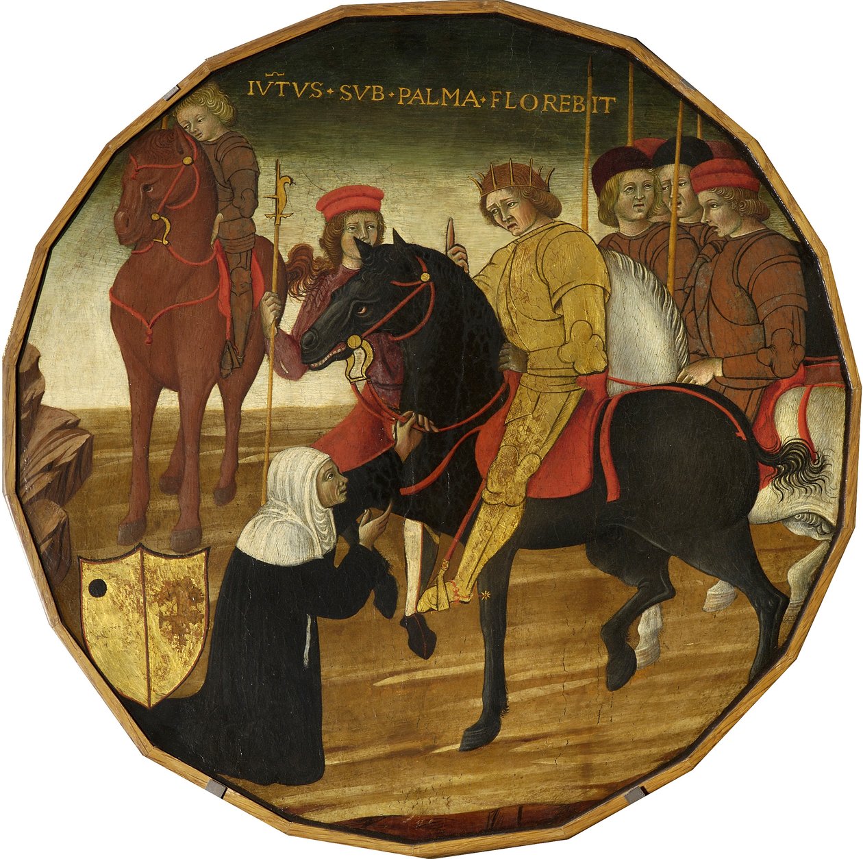 Trajan og enken (tempera med guld og sølv på panelet) af Italian School