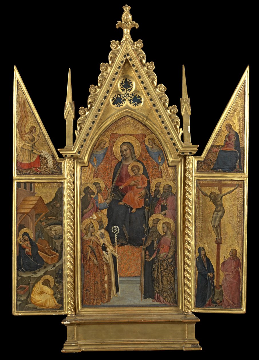 Triptykon - Jomfruen og barnet troner med otte hellige, ca. 1330-70 (tempera på panel) af Italian School