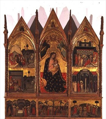 Triptykon: Madonna og barn på tronen flankeret af scener fra St. Bartholomews liv med et predella-panel af scener fra Kristi liv, School of the Marches af Italian School
