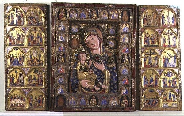 Madonnaen og barnets triptykon med evangelister, profeter og scener fra Kristi liv (træ, sølvfiligran og emalje) af Italian School