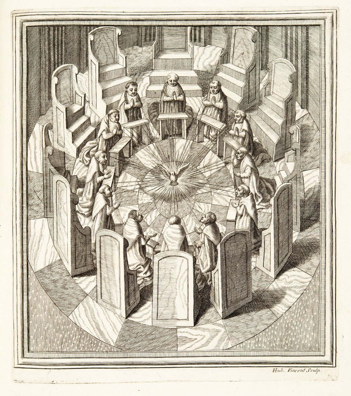 Tolv dommere fra Rota beder i en cirkulær sal omkring Helligånden, pub. 1717 (gravering) af Italian School